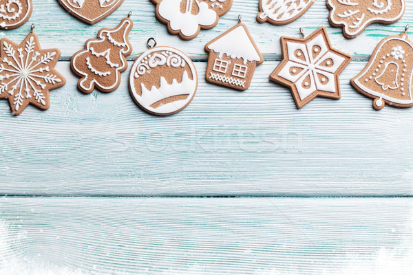 Stock photo: Christmas wooden background with gingerbread cookies