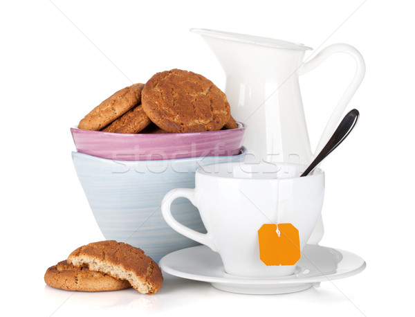Cookies Schüssel Teetasse Milchkännchen isoliert weiß Stock foto © karandaev