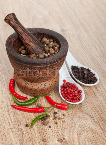 Piros forró chilipaprika borsszem fa asztal asztal Stock fotó © karandaev