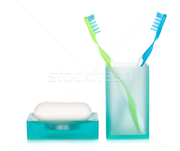 [[stock_photo]]: Deux · savon · isolé · blanche · beauté · bleu