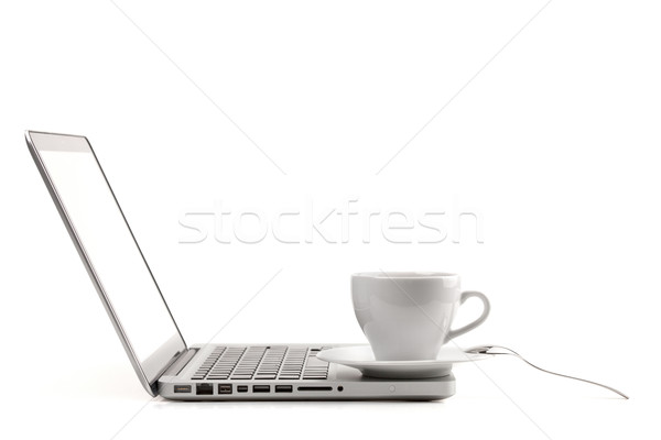 Foto stock: Taza · cuchara · portátil · aislado · blanco