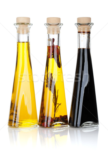 Olijfolie azijn flessen geïsoleerd witte vruchten Stockfoto © karandaev