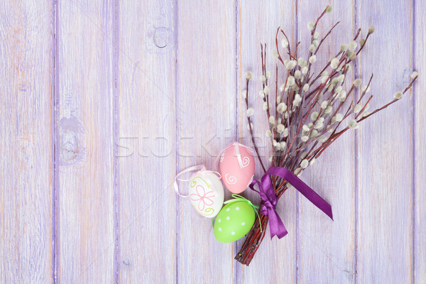 Chatte saule œufs de Pâques table en bois espace de copie fleur [[stock_photo]] © karandaev