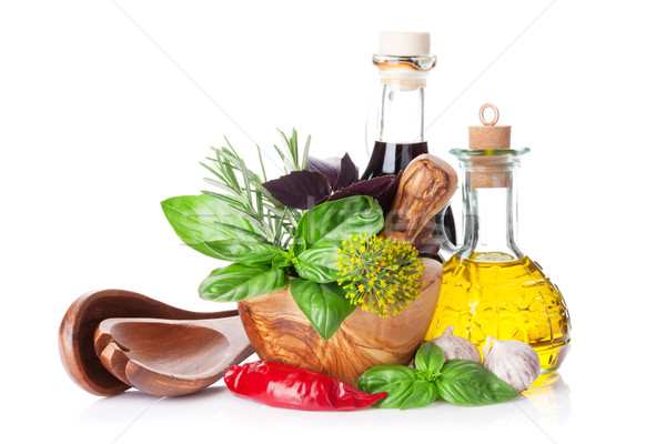 Stock photo: Garden basil in mortar, oil and vinegar