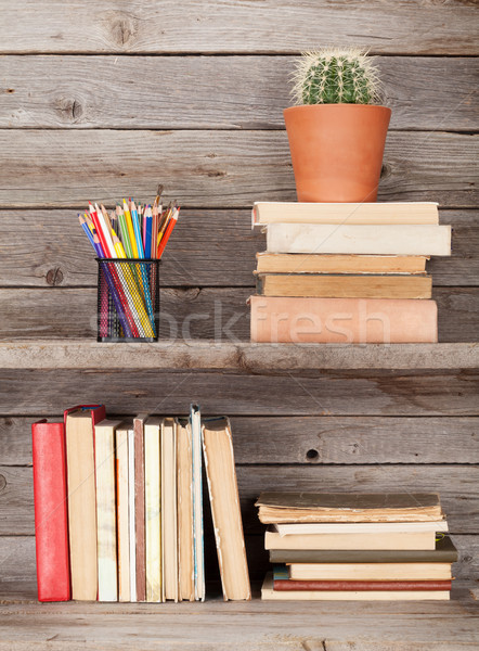 [[stock_photo]]: Vieux · livres · bois · plateau · crayons · cactus