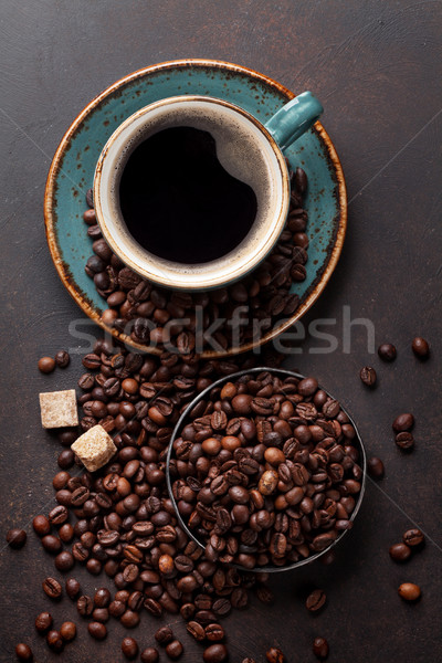 Tazza di caffè fagioli zucchero pietra top view Foto d'archivio © karandaev