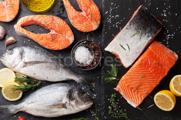 Stock photo: Raw salmon and dorado fish fillet