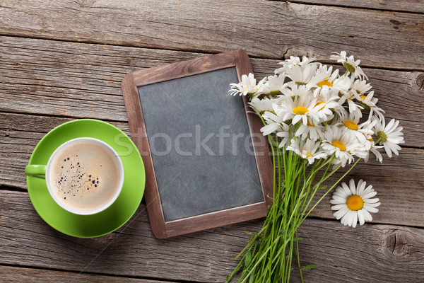 Stockfoto: Blackboard · tekst · bloemen · koffie · koffiekopje · top