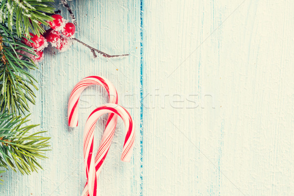 Candy Zuckerrohr Weihnachtsbaum Holztisch top Ansicht Stock foto © karandaev