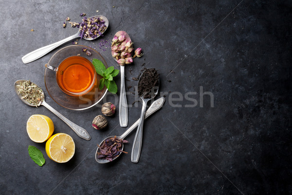 Taza de té secar té cucharas piedra Foto stock © karandaev