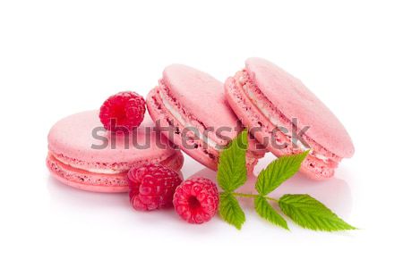 Foto stock: Rosa · framboesa · macaron · bolinhos · isolado · branco