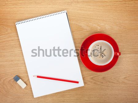 Stock photo: Blank notepad with office supplies and red coffee cup