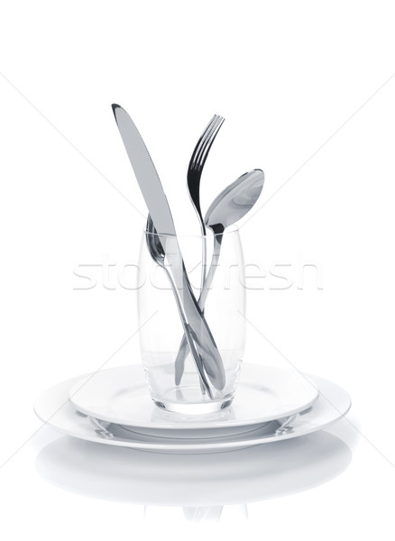 Ezüst étkészlet szett üveg tányérok izolált fehér Stock fotó © karandaev
