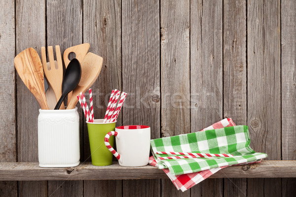 Stock photo: Kitchen utensils on shelf