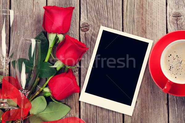 Valentines day greeting card, coffee and red roses Stock photo © karandaev