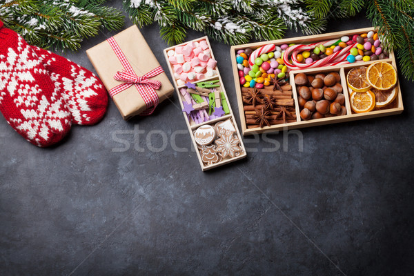 Christmas gift box and food decor Stock photo © karandaev