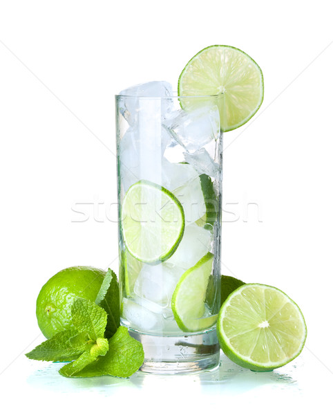 [[stock_photo]]: Verre · eau · chaux · glace · menthe · isolé