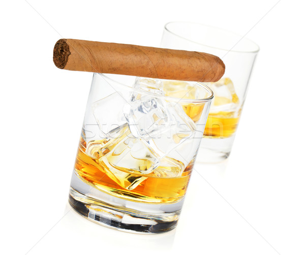 Stock photo: Two whiskey glasses and cigar