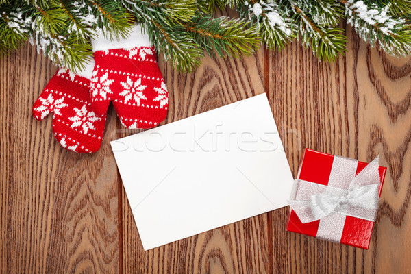 Stockfoto: Christmas · wenskaart · wanten · houten · houten · tafel