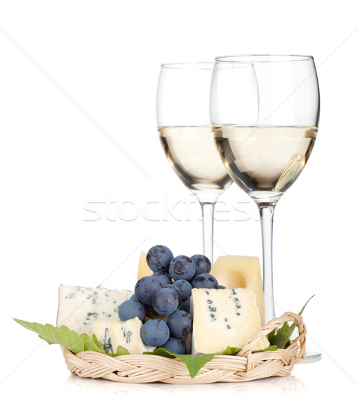 Сток-фото: сыра · винограда · два · белое · вино · очки · изолированный