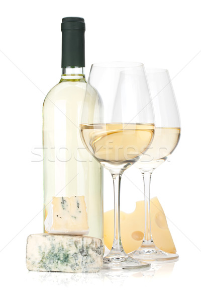 White wine bottle, two glasses and cheese Stock photo © karandaev