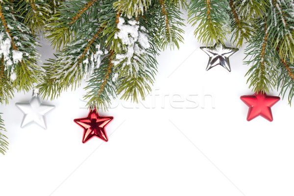 Stock photo: Fir tree branch with christmas decor covered with snow