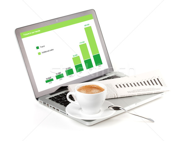 Laptop with chart, cappuchino cup and newspaper Stock photo © karandaev