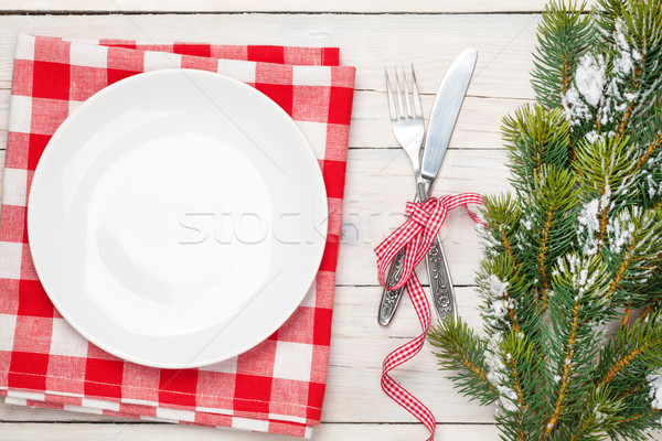 Stock fotó: üres · tányér · ezüst · étkészlet · karácsonyfa · felülnézet · fehér