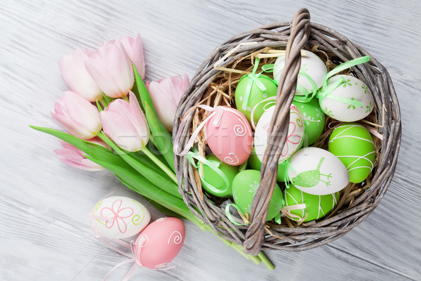 Easter Eggs koszyka tulipany bukiet górę Zdjęcia stock © karandaev