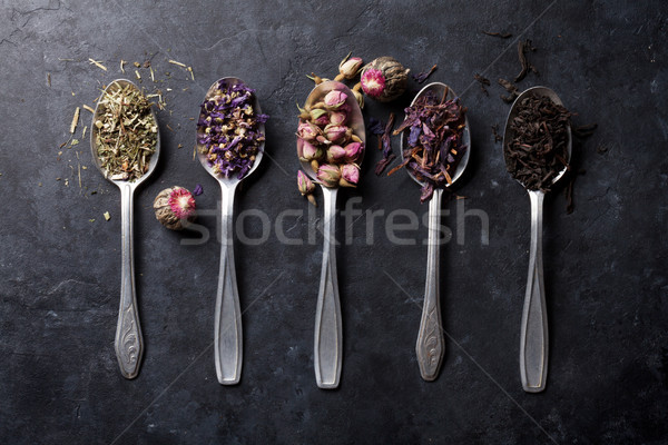 Drogen thee lepels steen tabel Stockfoto © karandaev