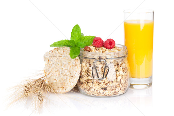 [[stock_photo]]: Déjeuner · muesli · baies · jus · d'orange · isolé · blanche