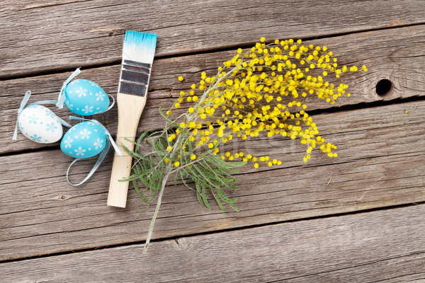 Stockfoto: Kleurrijk · paaseieren · borstel · bloem · houten · tafel · top