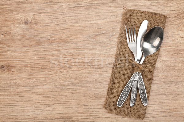 Stockfoto: Ingesteld · vork · lepel · mes · houten · tafel