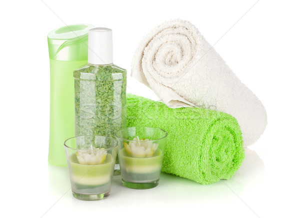 Bathroom bottles, towels and candles Stock photo © karandaev