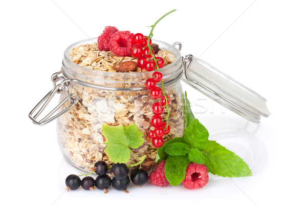 Foto d'archivio: Colazione · muesli · frutti · di · bosco · isolato · bianco · vetro