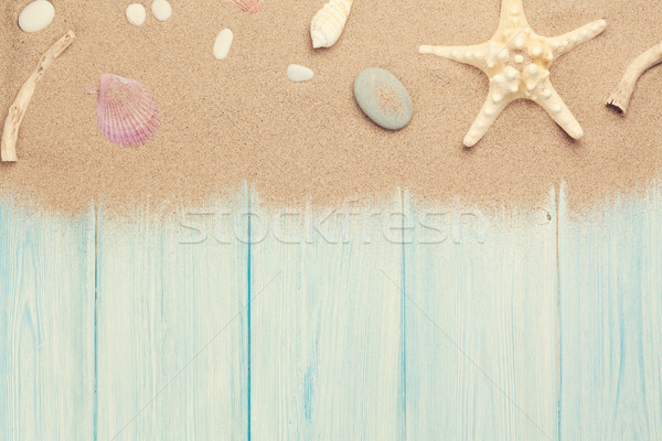 Stok fotoğraf: Deniz · kum · denizyıldızı · kabukları · ahşap · masa · üst