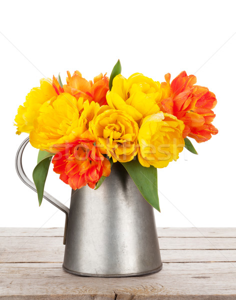 Stock fotó: Színes · tulipánok · virágcsokor · locsolókanna · fa · asztal · izolált