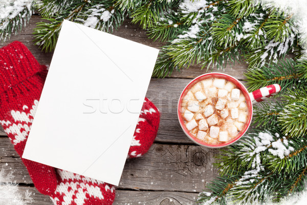 Karácsony üdvözlőlap fenyőfa forró csokoládé mályvacukor fa asztal Stock fotó © karandaev