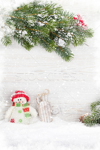Karácsony hóember szánkó játékok fenyőfa ág Stock fotó © karandaev