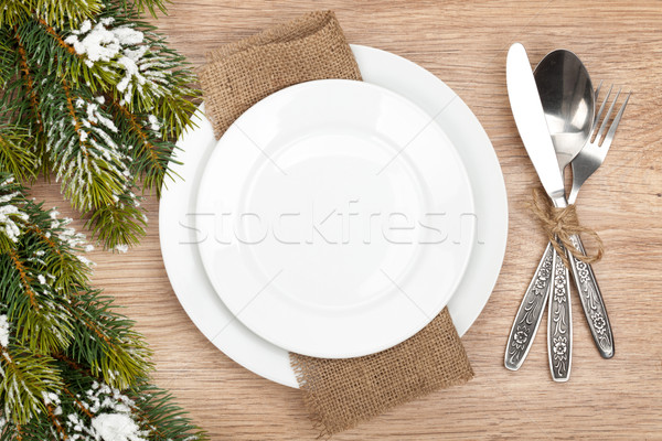 üres tányér ezüst étkészlet szett karácsonyfa fa asztal Stock fotó © karandaev