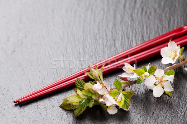 Сток-фото: Японский · суши · палочки · для · еды · сакура · Blossom · черный