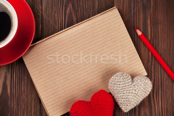 Foto d'archivio: San · valentino · giocattolo · cuori · notepad · testo · tazza · di · caffè