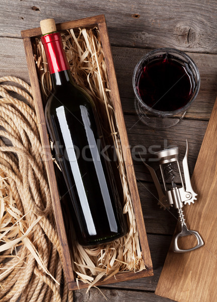 Stockfoto: Rode · wijn · fles · glas · houten · tafel · top