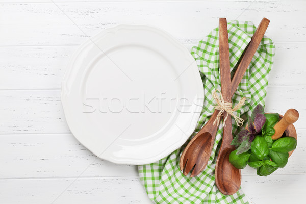 Leer Platte Besteck Kräuter Zutaten weiß Stock foto © karandaev