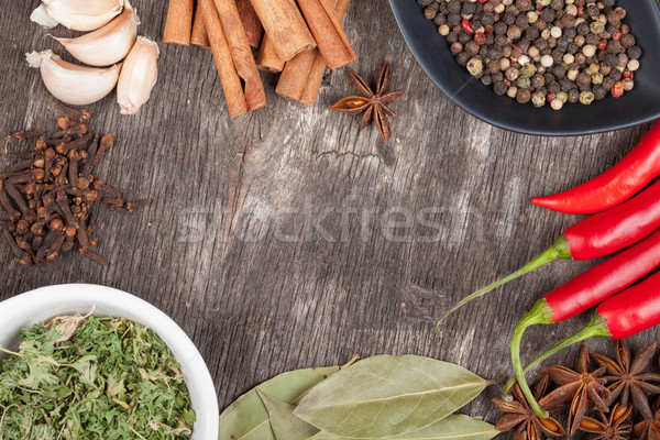 Gyógynövények fűszer régi fa asztal copy space étel Stock fotó © karandaev