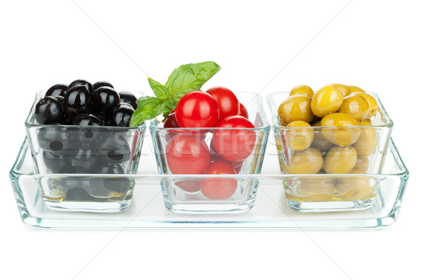 Stock photo: Black and green olives and tomatoes with basil