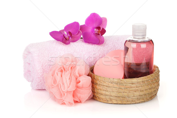 Cosmetics, towel and orchid flowers Stock photo © karandaev