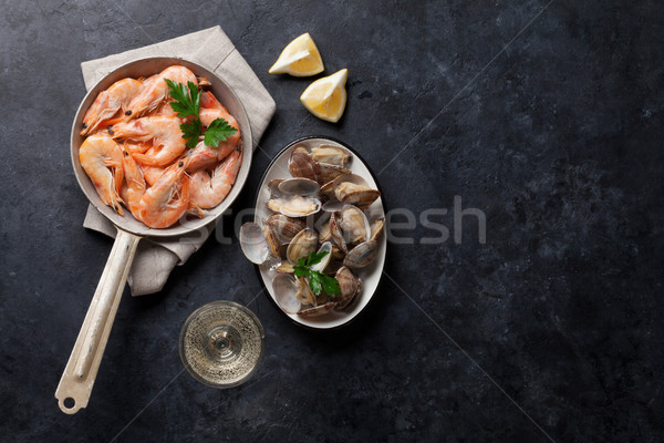 Fresco frutos do mar vinho branco pedra tabela topo Foto stock © karandaev