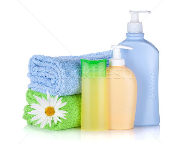 Stockfoto: Shampoo · gel · flessen · handdoeken · bloem · geïsoleerd