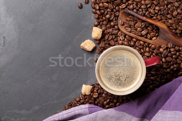 Kávéscsésze bab barnacukor kő asztal felső Stock fotó © karandaev